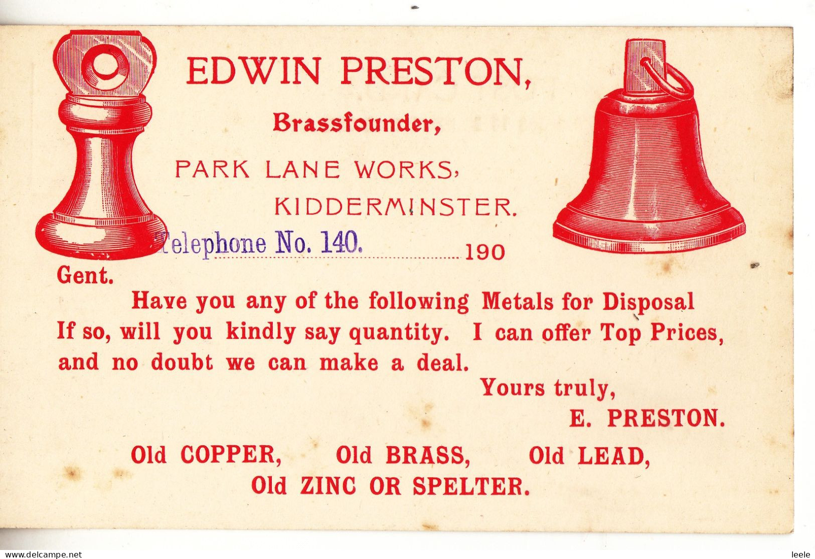 CT15. Antique Advertising Postcard. Edwin Preston, Brassfounder, Kidderminster. - Sonstige & Ohne Zuordnung