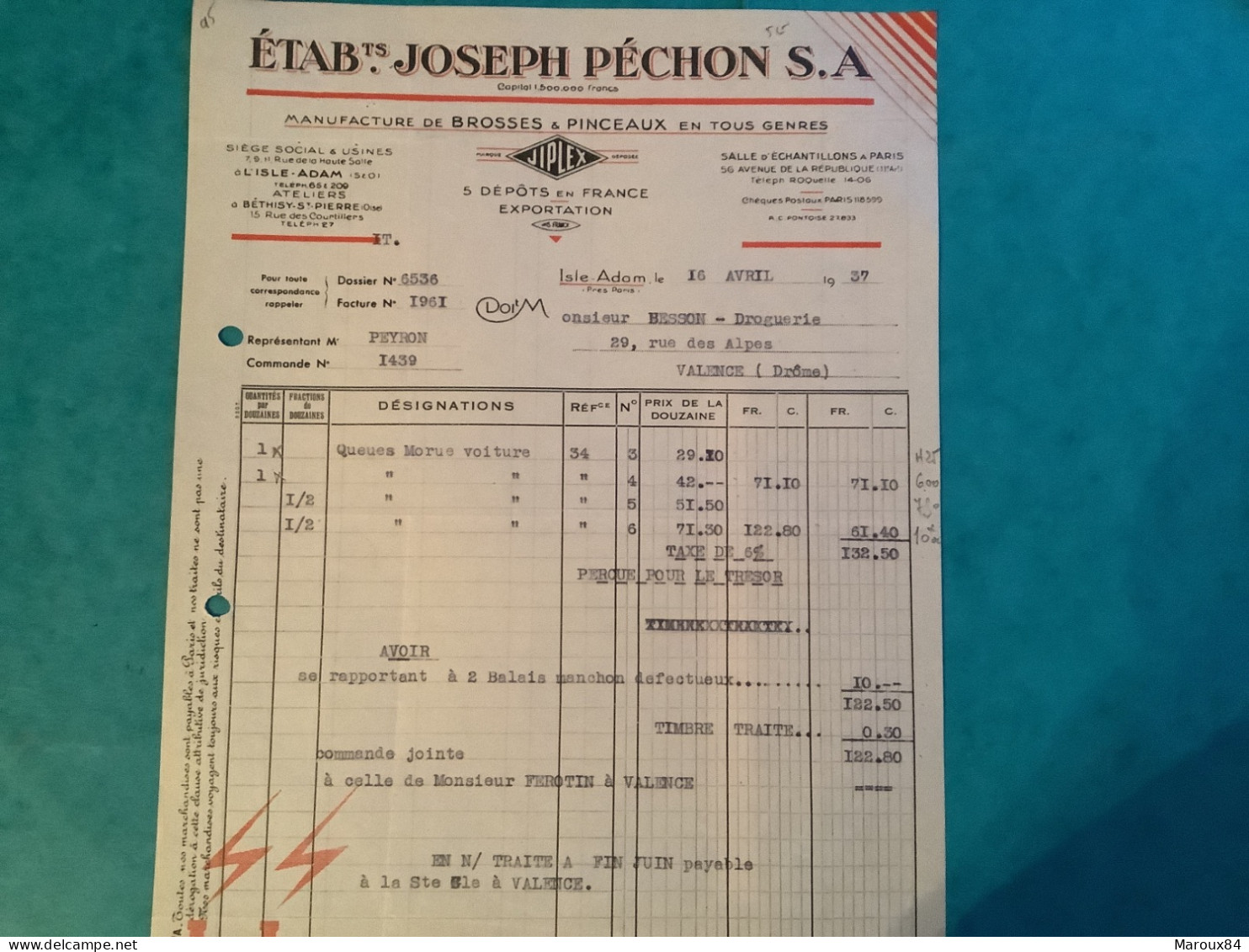 95/ Fact Ets Joseph Pêchon Manufacture De Brosses Et Pinceaux En Tous Genres Jiplex A L’isle Adam 1937 - Perfumería & Droguería