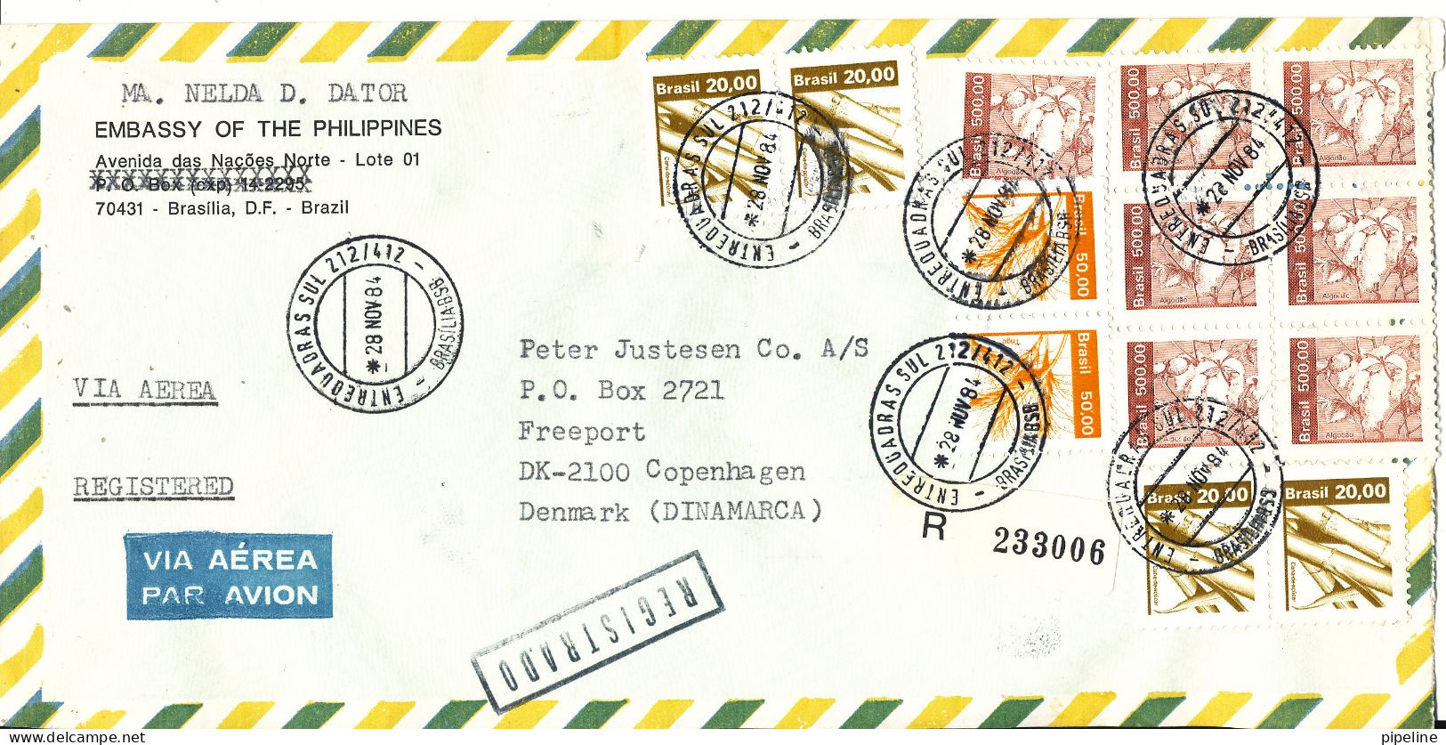 Brazil Registered Air Mail Cover Sent To Denmark 28-11-1984 Topic Stamps (from The Embassy Of Philippines Brazil) - Luftpost