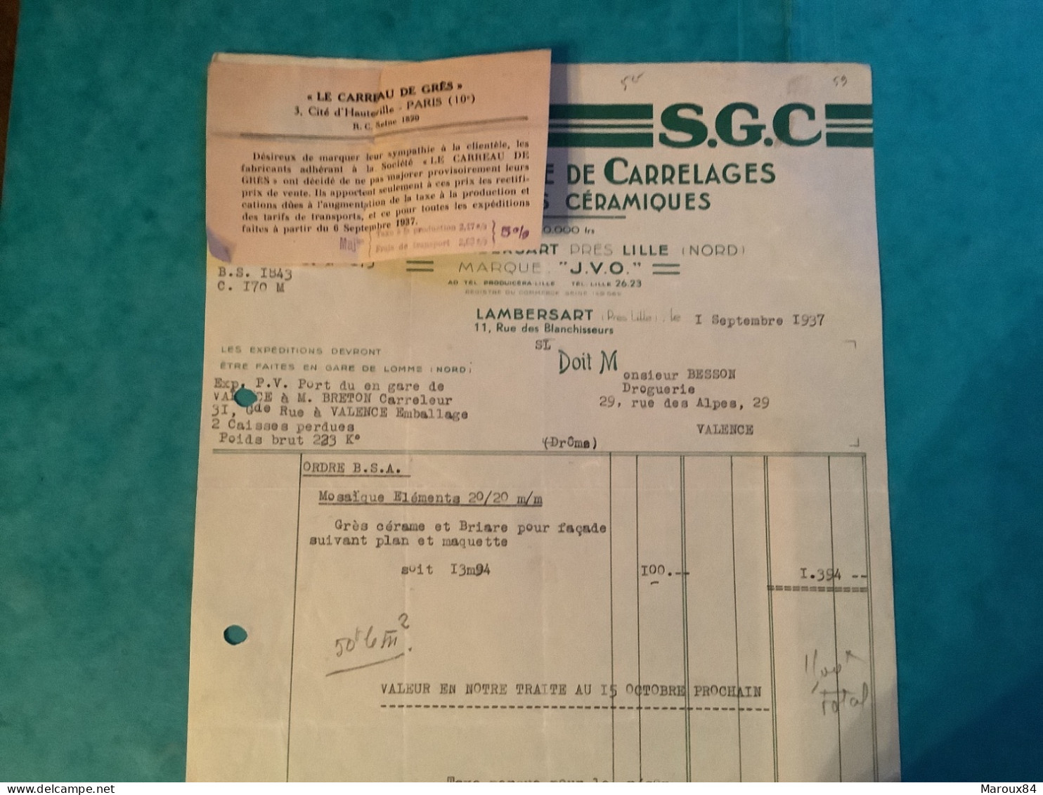 59/ Fact  Ste Generale De Carrelages Et De Produits Céramiques S.g.c Lambersart 1939 - Straßenhandel Und Kleingewerbe