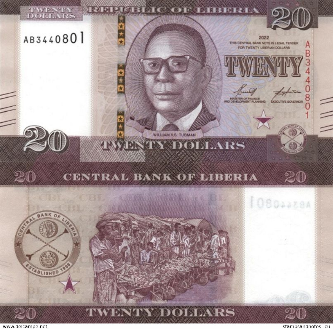 LIBERIA 20 Dollars 2022 P W39 UNC - Liberia