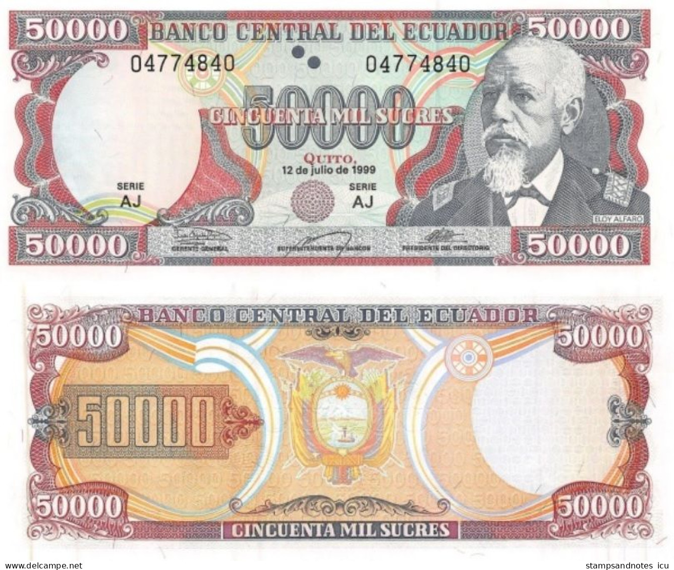 ECUADOR 50000 Sucres 12.07.1999 P 130 UNC Serie AJ - Ecuador