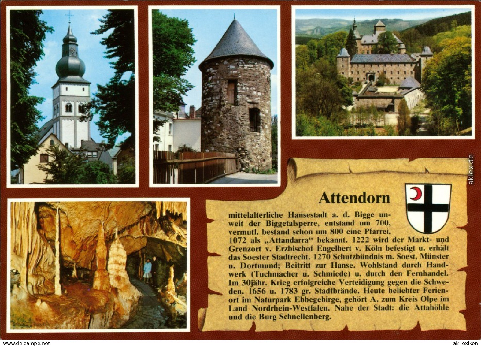 Ansichtskarte Attendorn Kirche, Burgturm, Burg, Höhle 1999 - Attendorn