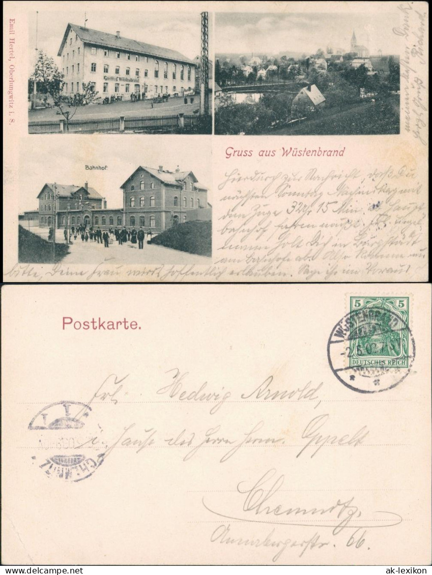 Ansichtskarte Wüstenbrand-Hohenstein-Ernstthal 3 Bild Gasthaus, Bahnhof 1907 - Hohenstein-Ernstthal