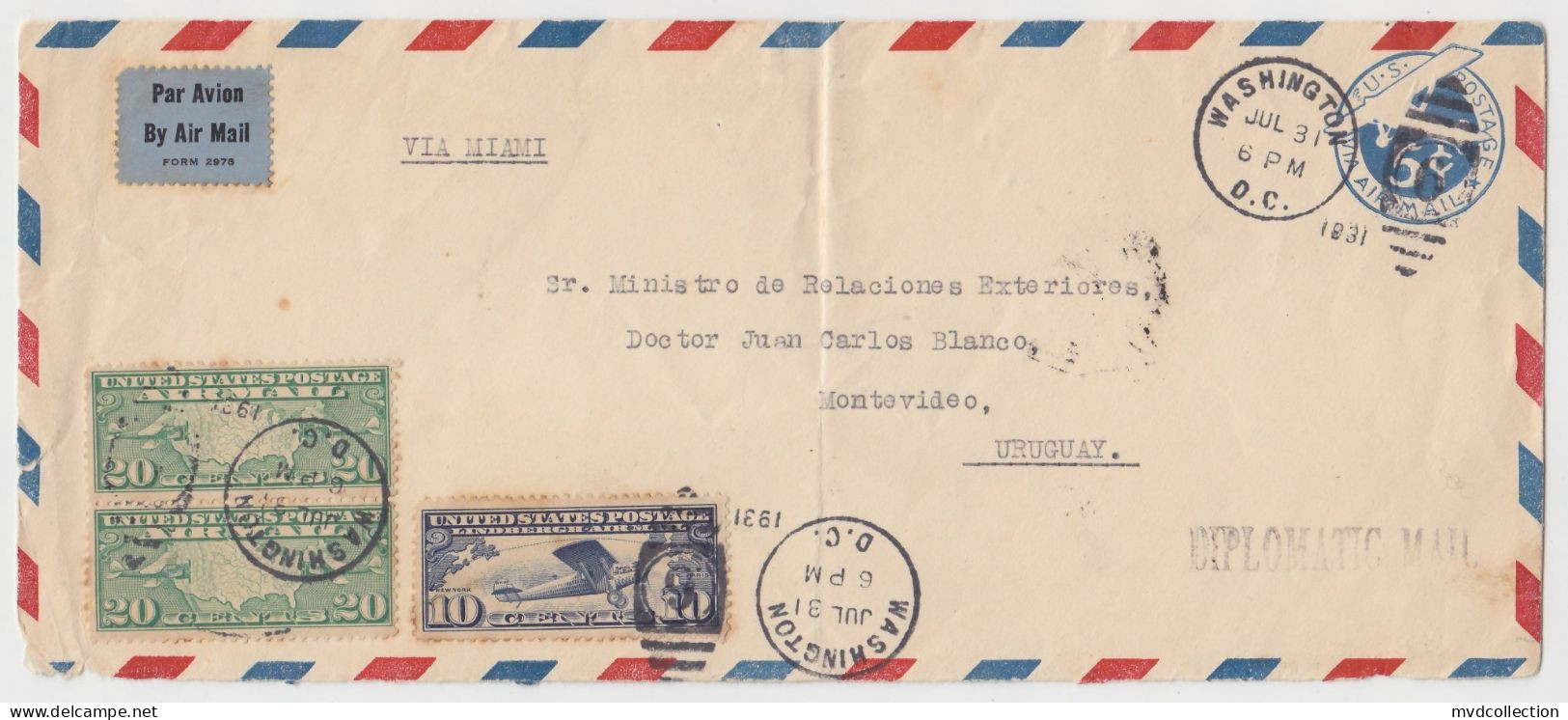 USA Airmail Cover DIPLOMATIC MAIL To URUGUAY" 1931 - 1c. 1918-1940 Storia Postale