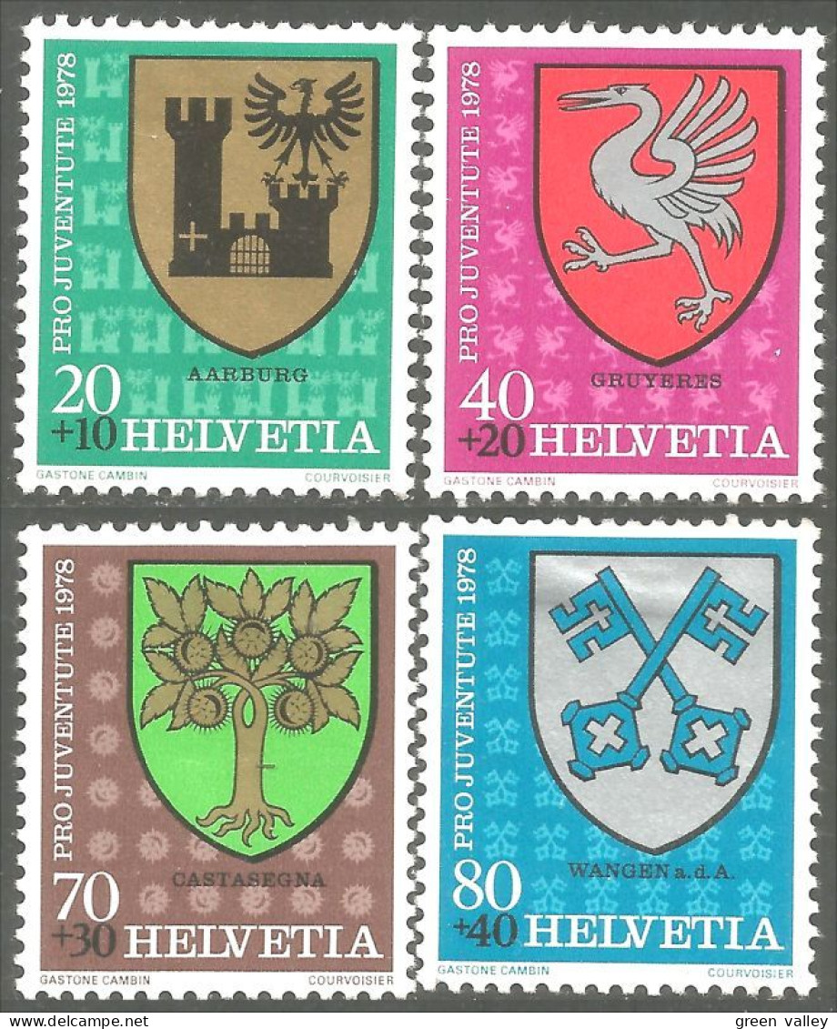 842 Suisse 1978 Armoiries Coat ARms Aarburg Gruyeres Castasegna Angen Aare MH * Neuf (SUI-229) - Timbres