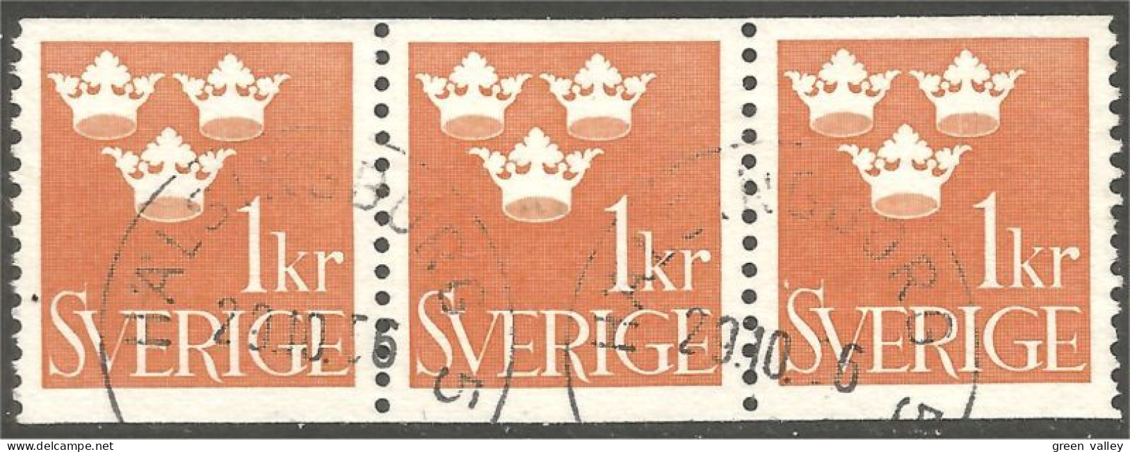 840 Sweden 1939 Trois Couronnes Three Crowns 1kr Orange Bande Strip 3 (SWE-428) - Usados