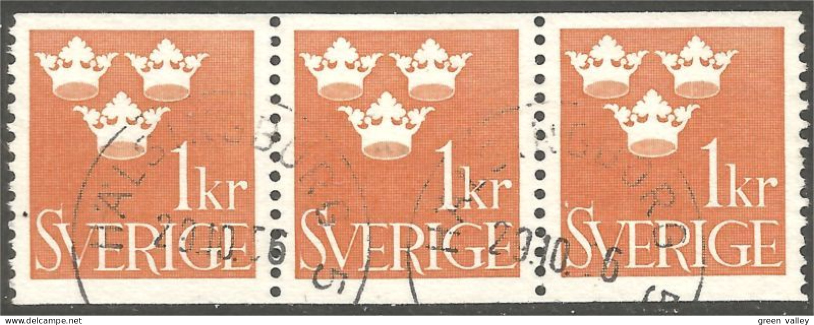 840 Sweden 1939 Trois Couronnes Three Crowns 1kr Orange Bande Strip 3 (SWE-428) - Oblitérés
