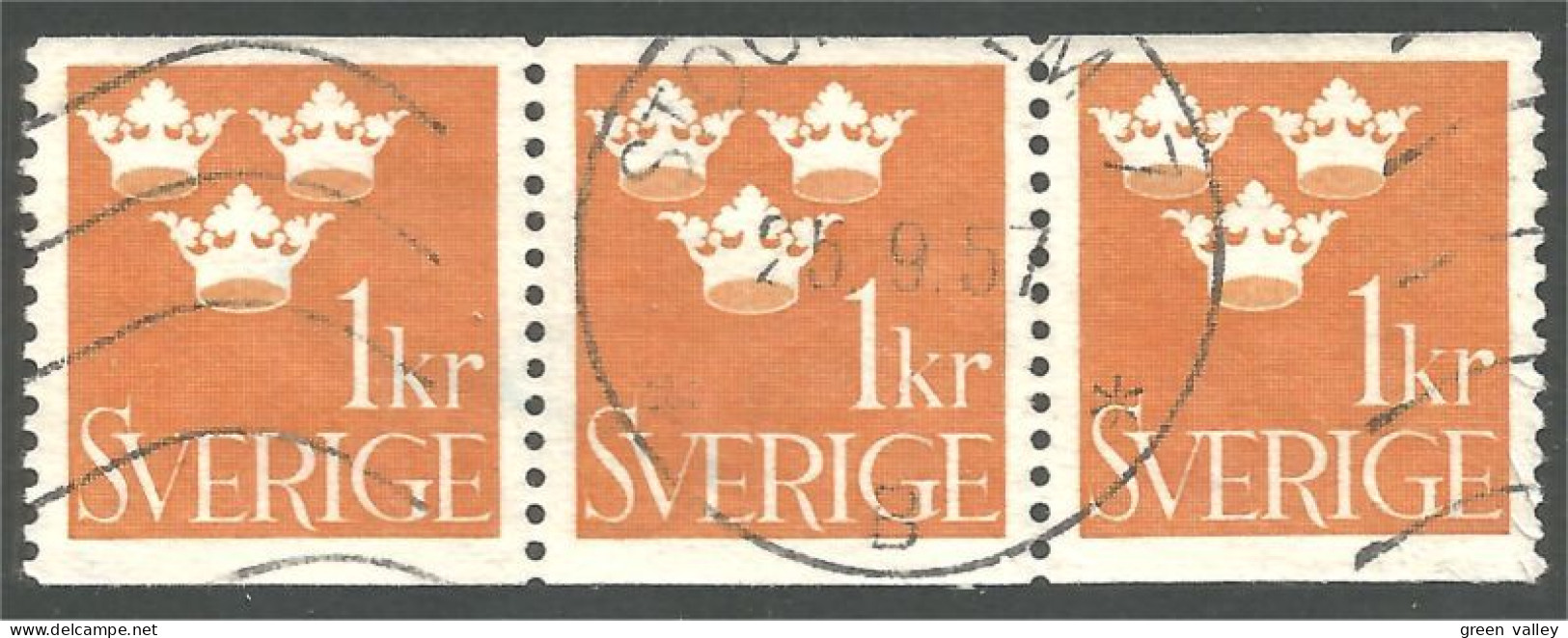 840 Sweden 1939 Trois Couronnes Three Crowns 1kr Orange Bande Strip 3 (SWE-426) - Usados