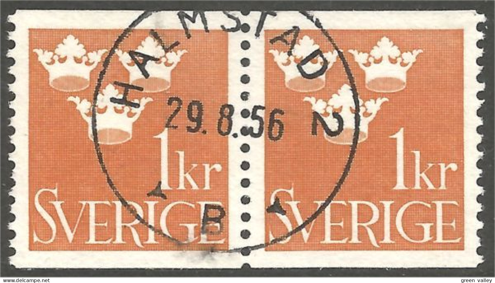 840 Sweden 1939 Trois Couronnes Three Crowns 1kr Orange Paire HALMSTAD (SWE-430) - Used Stamps
