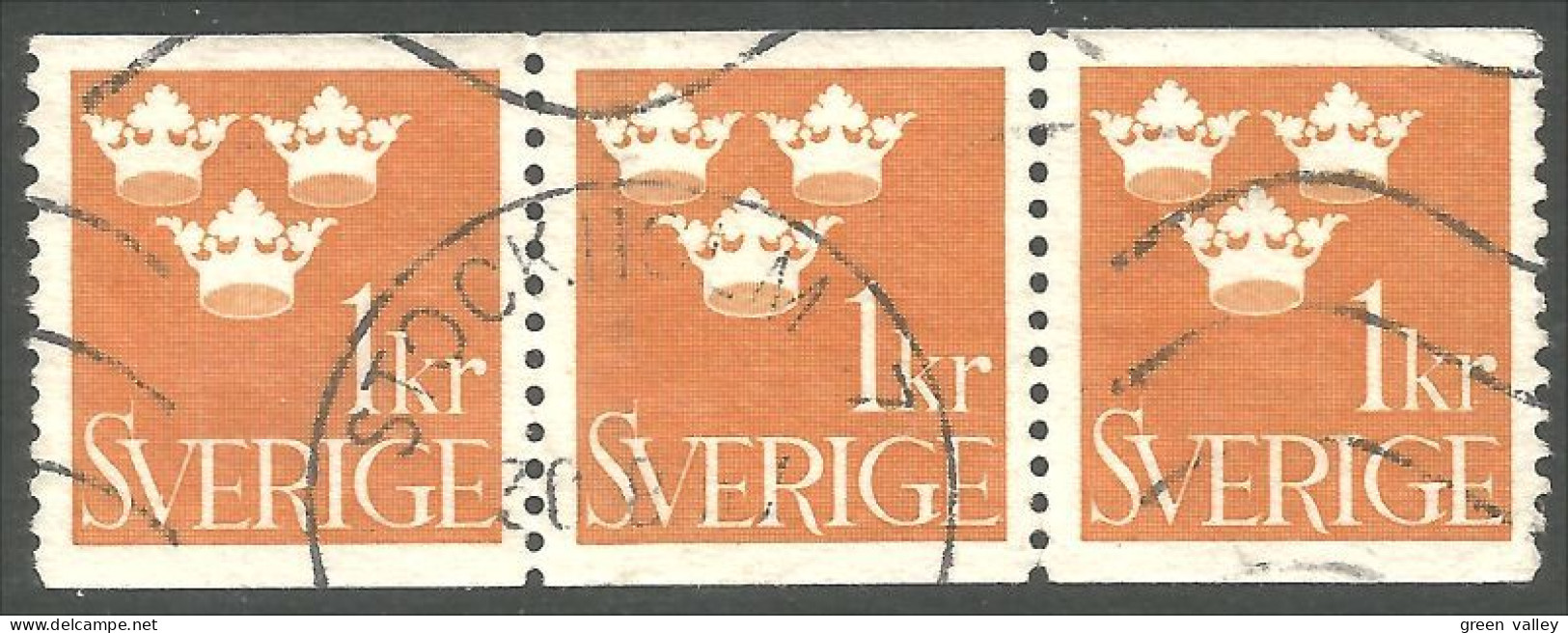 840 Sweden 1939 Trois Couronnes Three Crowns 1kr Orange Bande Strip 3 (SWE-427) - Oblitérés