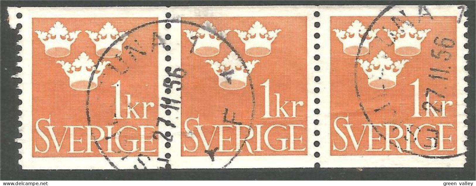 840 Sweden 1939 Trois Couronnes Three Crowns 1kr Orange Bande Strip 3 (SWE-425) - Gebraucht