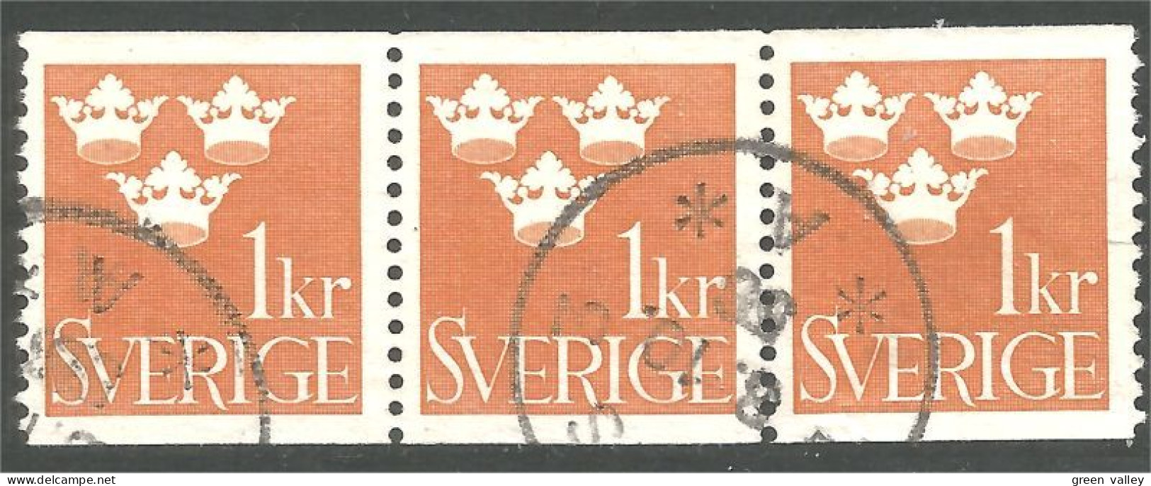 840 Sweden 1939 Trois Couronnes Three Crowns 1kr Orange Bande Strip 3 (SWE-424) - Oblitérés