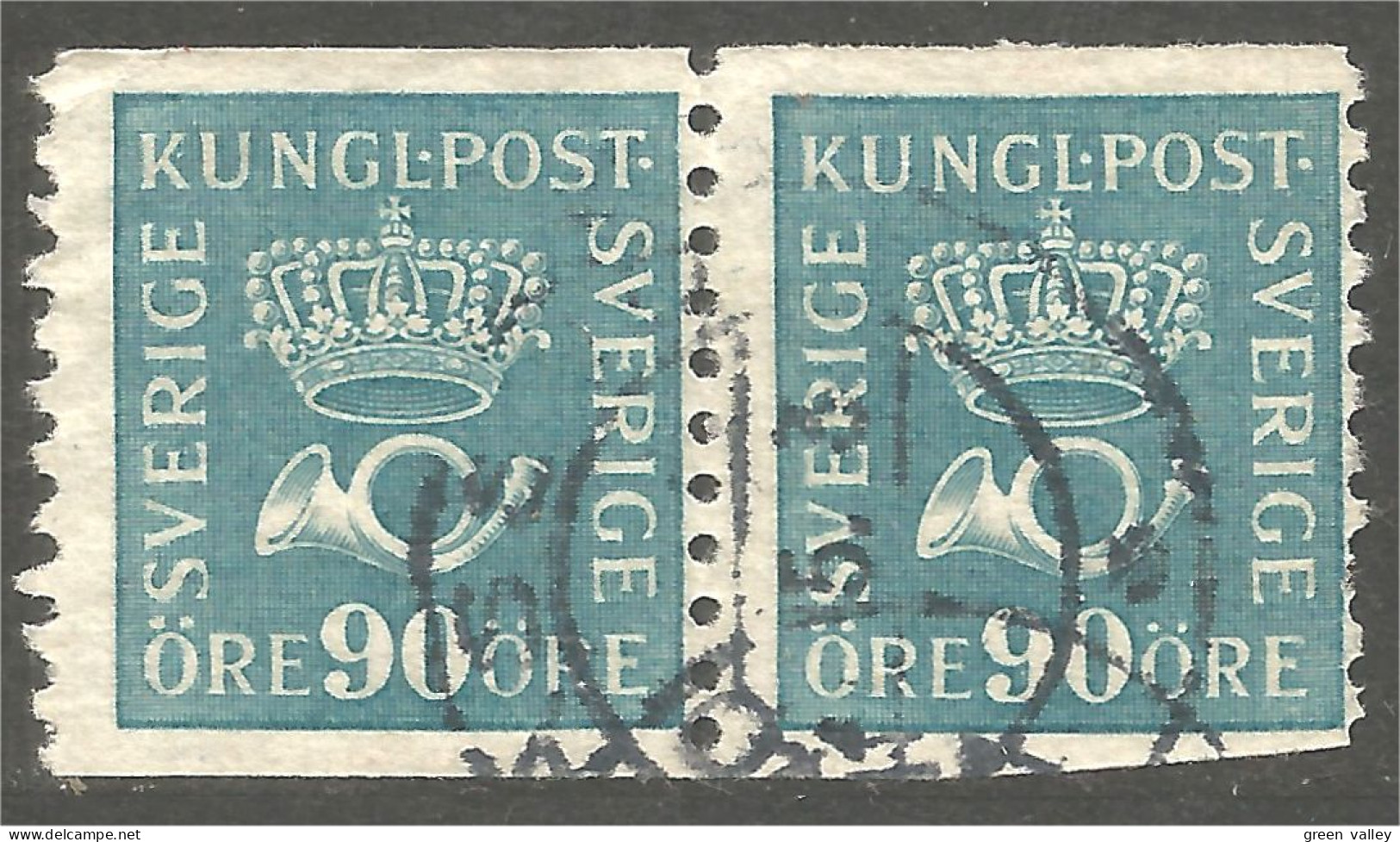 840 Sweden 1921 Crown Post Horn Couronne Cor 90o Bleu Paire (SWE-431) - Used Stamps