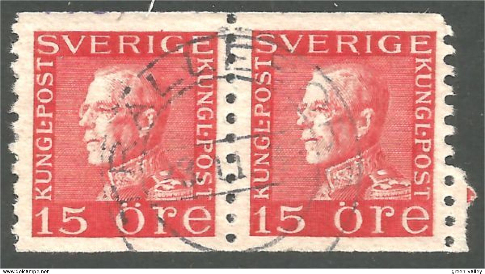 840 Sweden 1925 King Roi Gustaf V 15o Red Rouge Paire TRELLEBORG (SWE-416) - Gebraucht