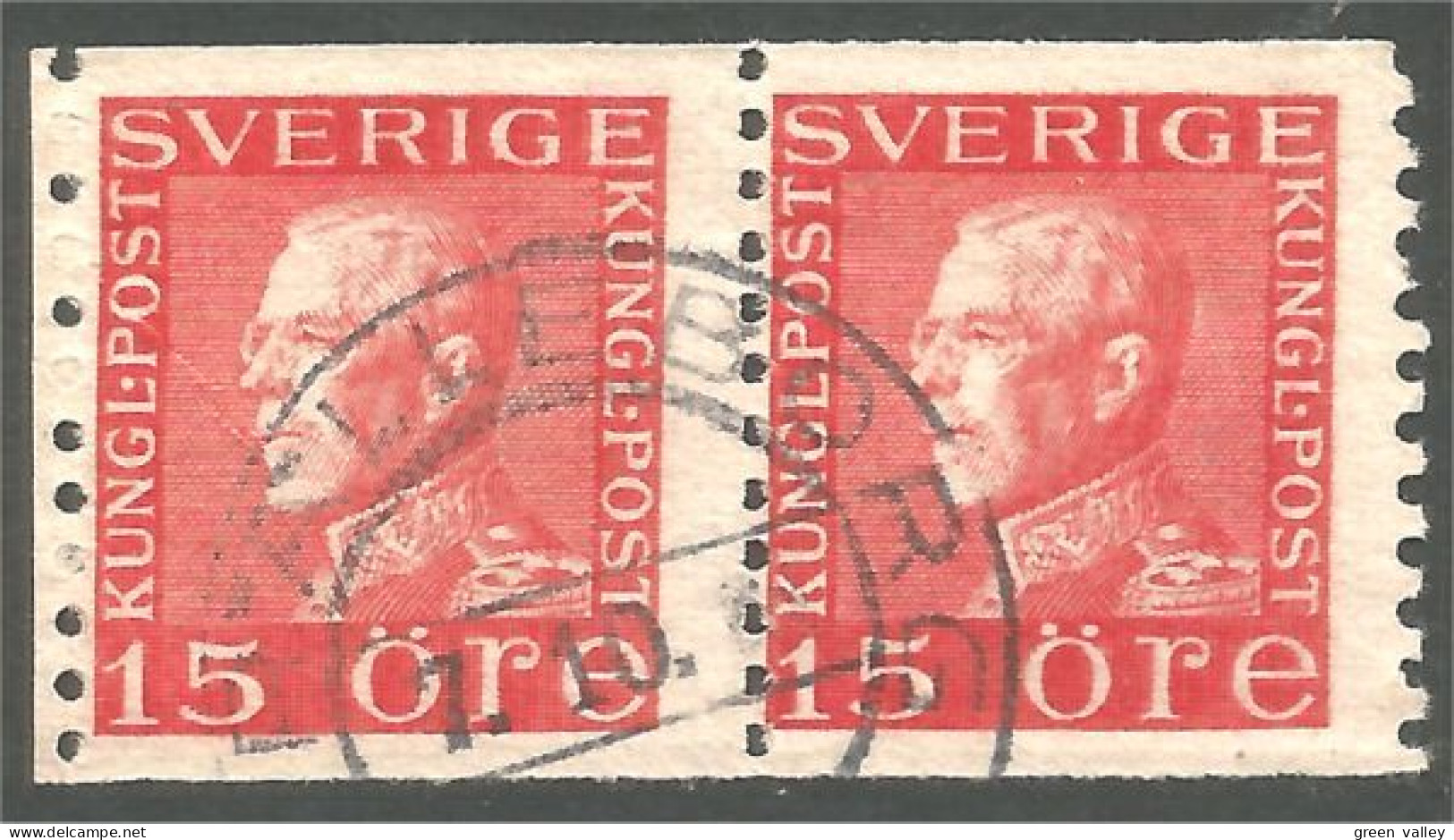 840 Sweden 1925 King Roi Gustaf V 15o Red Rouge Paire TRELLEBORG (SWE-414) - Gebruikt