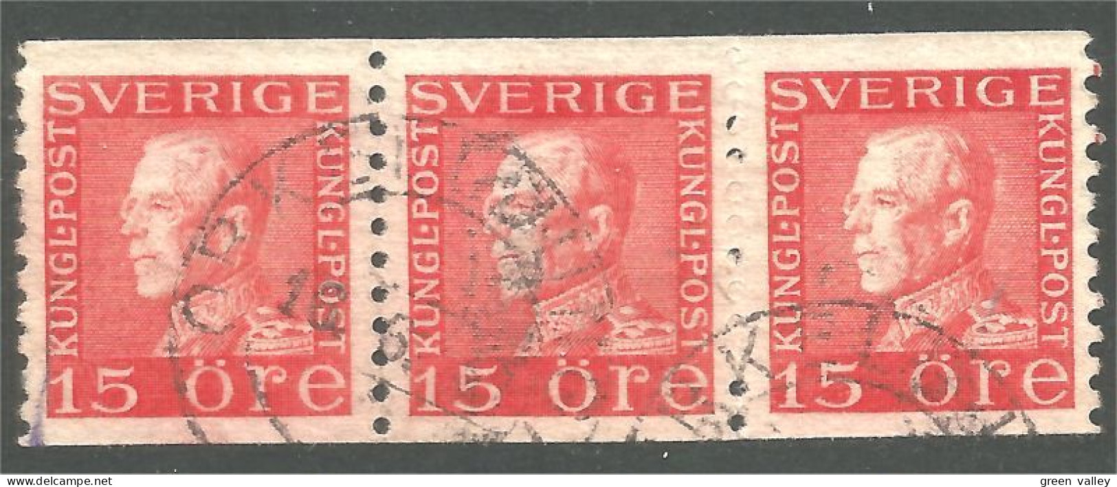 840 Sweden 1925 King Roi Gustaf V 15o Red Rouge Bande Strip 3 (SWE-411) - Oblitérés