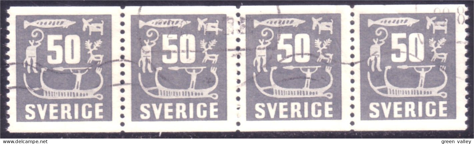 840 Sweden 1954 Rock Carvings Gravure Pierre 50o Gris Grey Strip Bande 4 (SWE-394) - Used Stamps