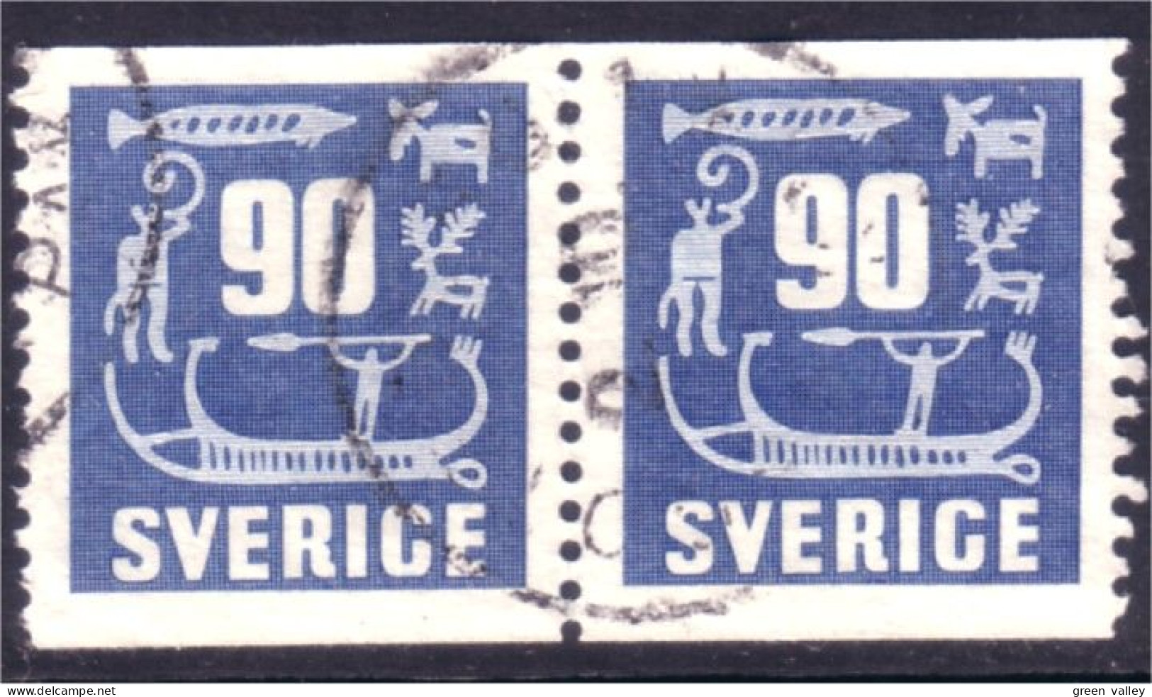 840 Sweden 1954 Rock Carvings Gravure Pierre 90o Bleu Paire (SWE-401) - Used Stamps