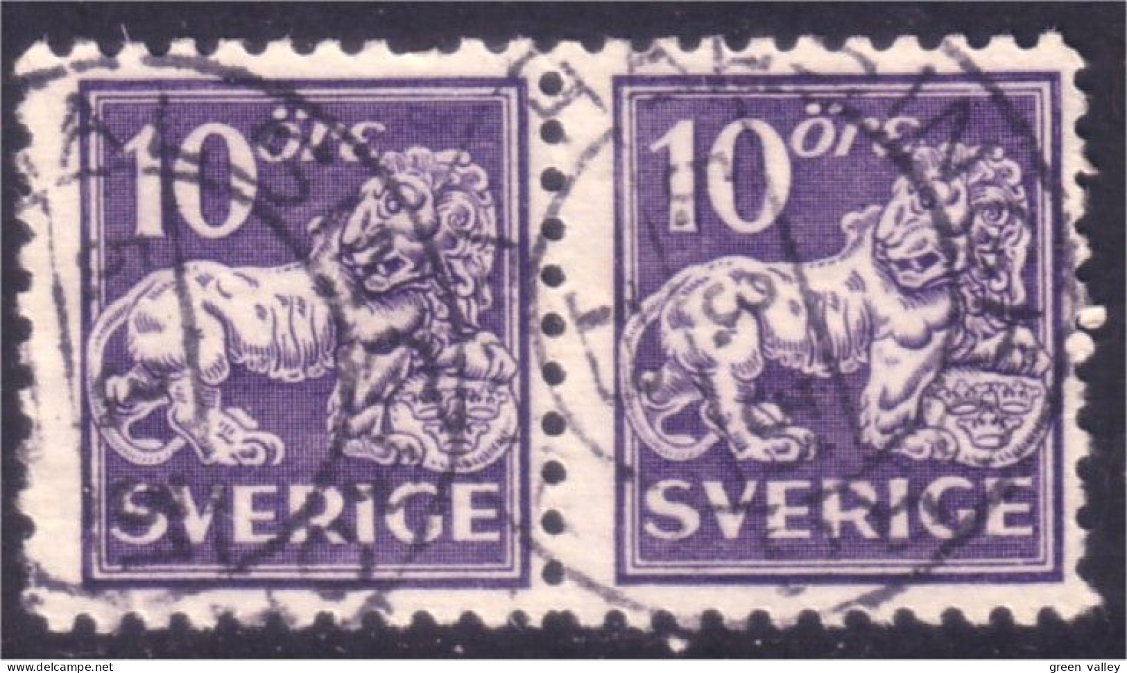 840 Sweden 1920 Heraldic Lion 10o Violet Paire (SWE-386) - Gebruikt