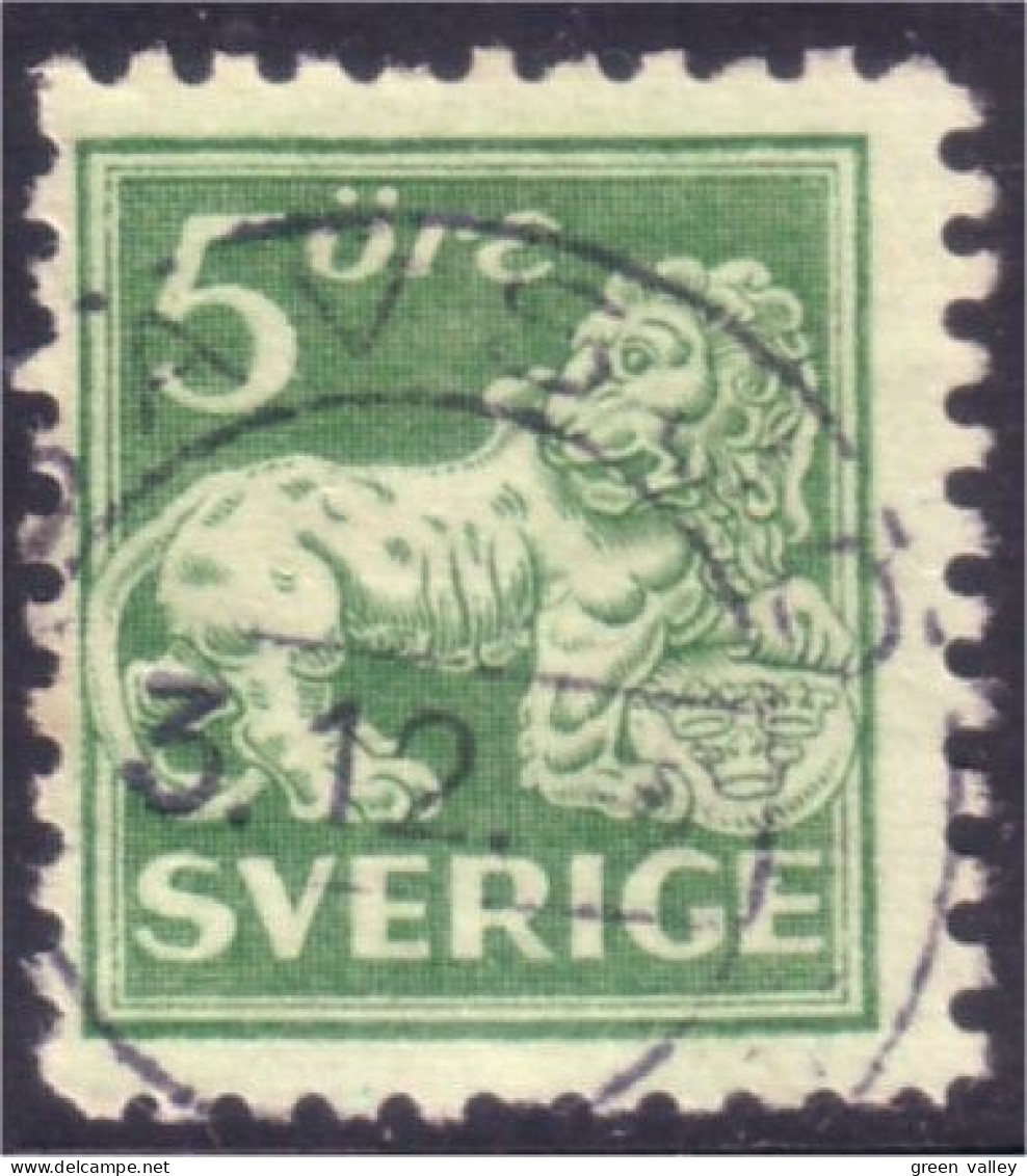 840 Sweden 1920 Heraldic Lion 5o Vert Green (SWE-379) - Used Stamps