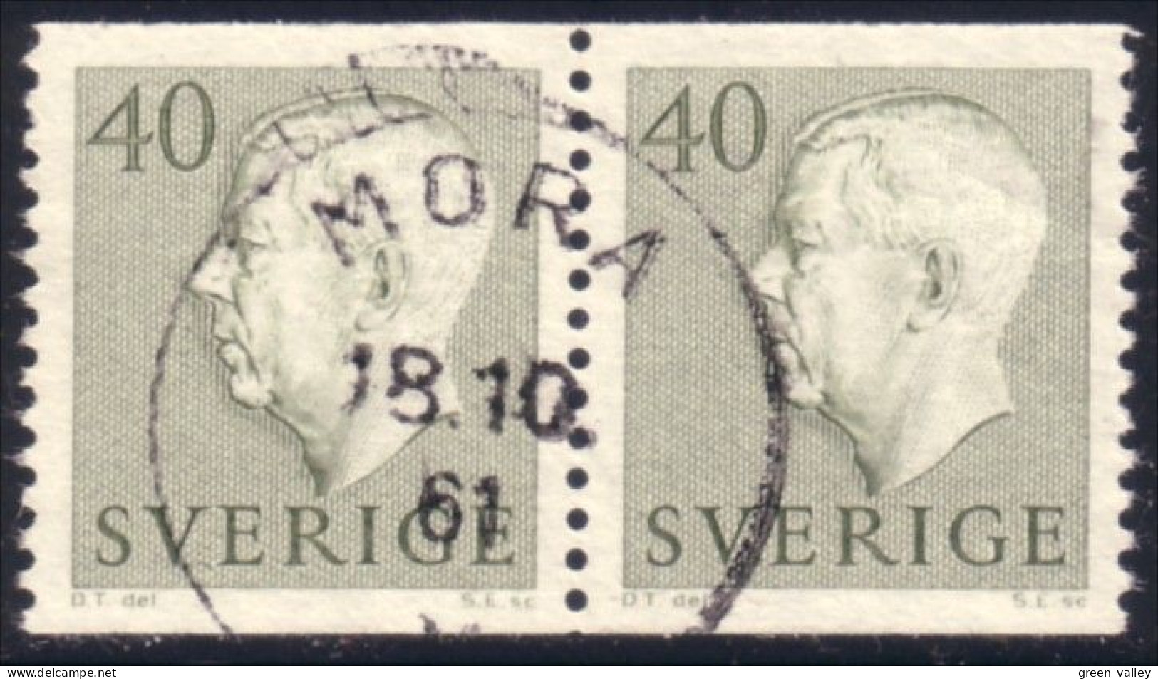 840 Sweden 1954 Gustav VI Adolph 40o Vert Olive Green Paire (SWE-373) - Usados
