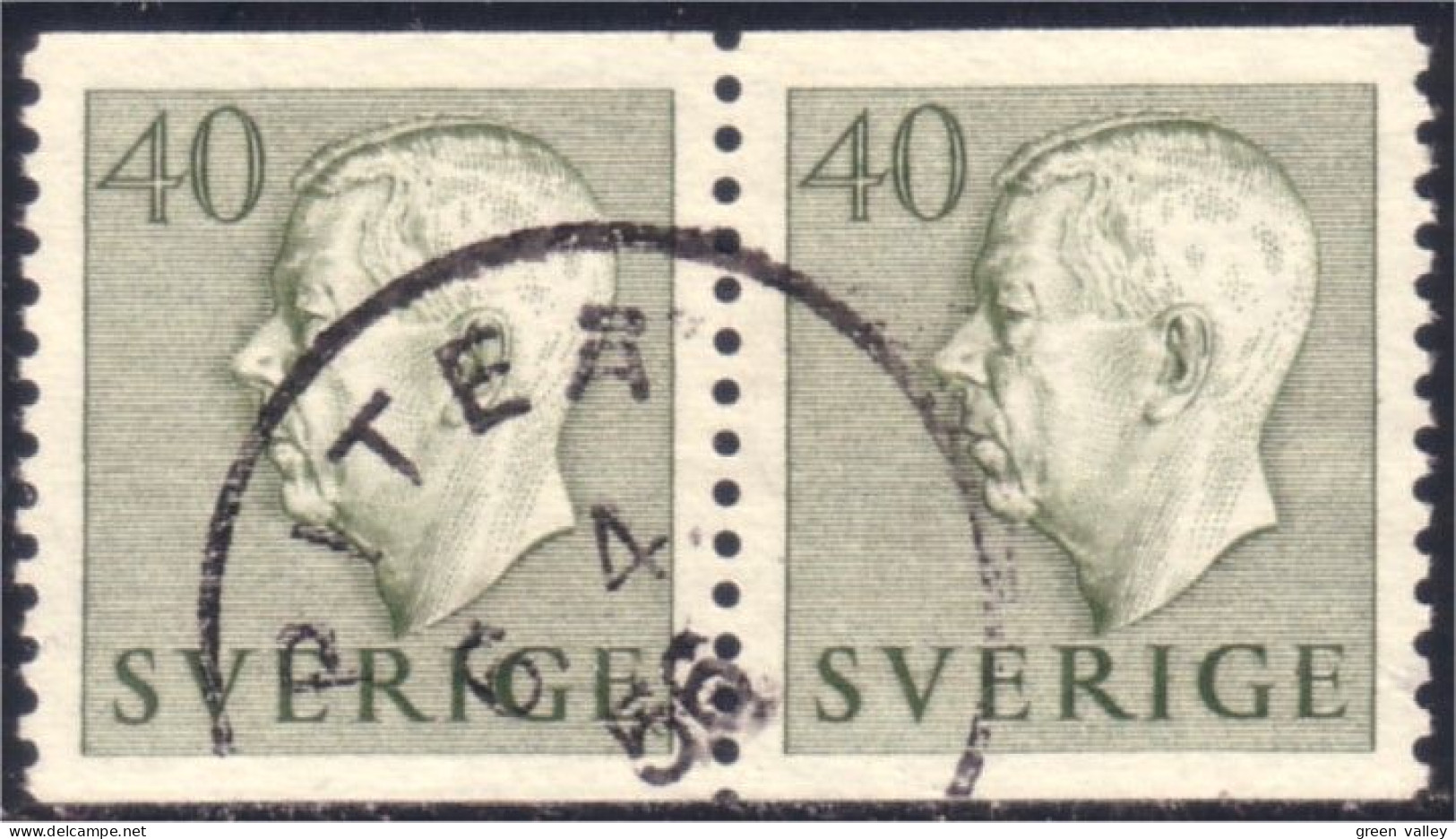 840 Sweden 1954 Gustav VI Adolph 40o Vert Olive Green Paire (SWE-372) - Oblitérés