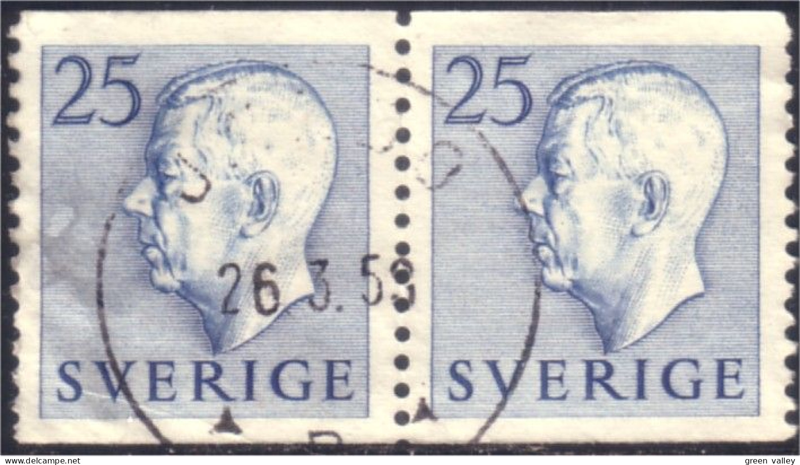 840 Sweden 1954 Gustav VI Adolph 25o Bleu Paire (SWE-367) - Used Stamps