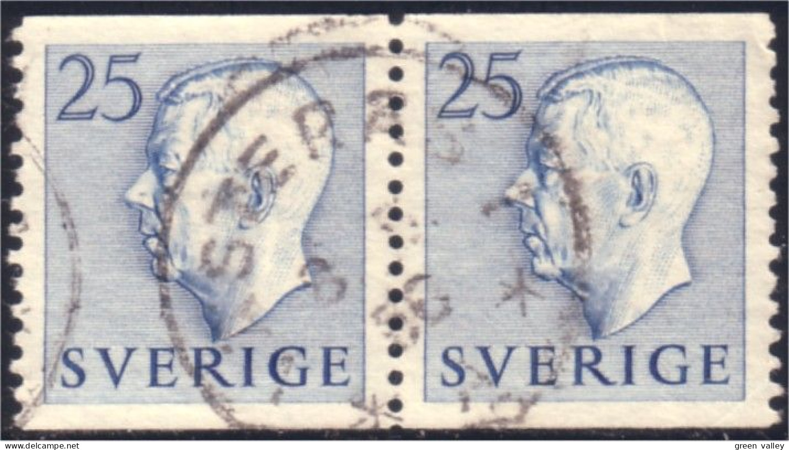 840 Sweden 1954 Gustav VI Adolph 25o Bleu Paire (SWE-369) - Used Stamps