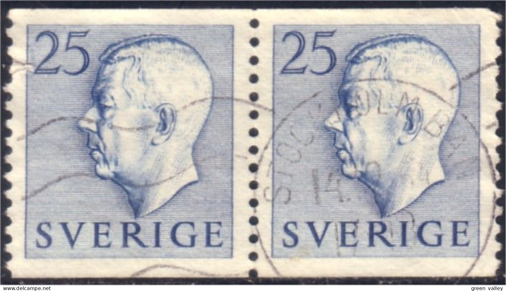 840 Sweden 1954 Gustav VI Adolph 25o Bleu Paire (SWE-368) - Used Stamps