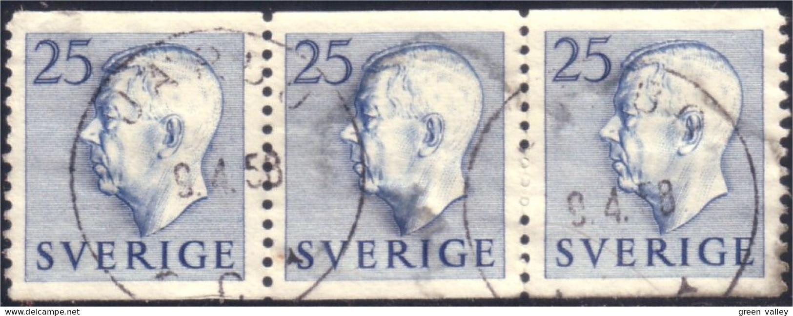 840 Sweden 1954 Gustav VI Adolph 25o Bleu Strip Bande 3 (SWE-363) - Gebruikt