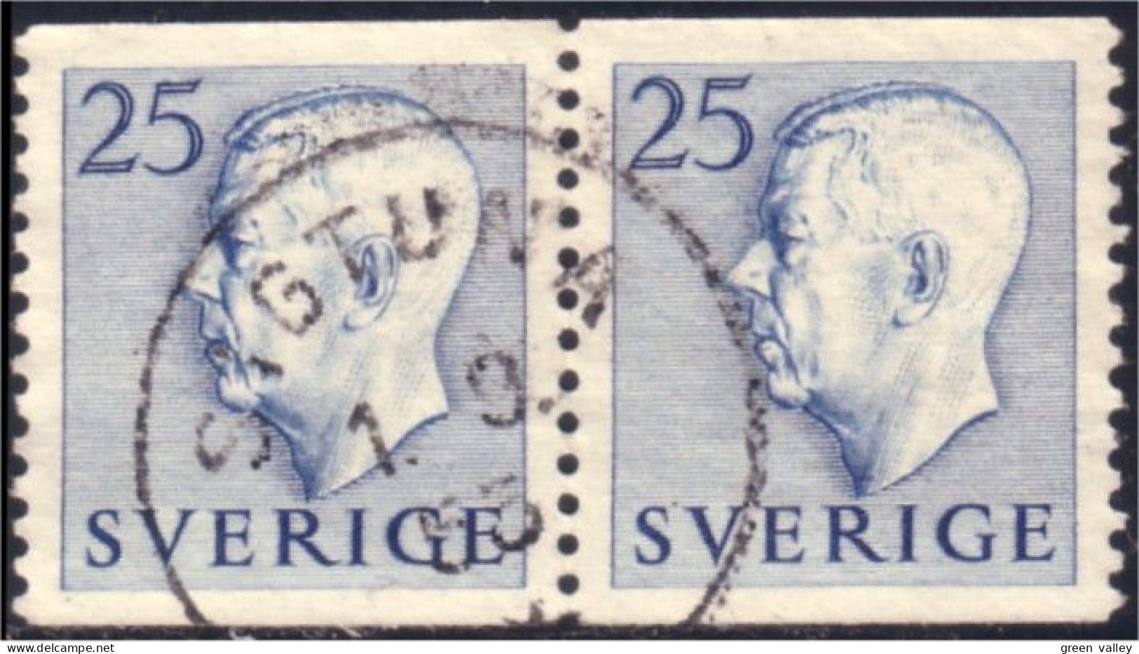 840 Sweden 1954 Gustav VI Adolph 25o Bleu Paire (SWE-366) - Usados