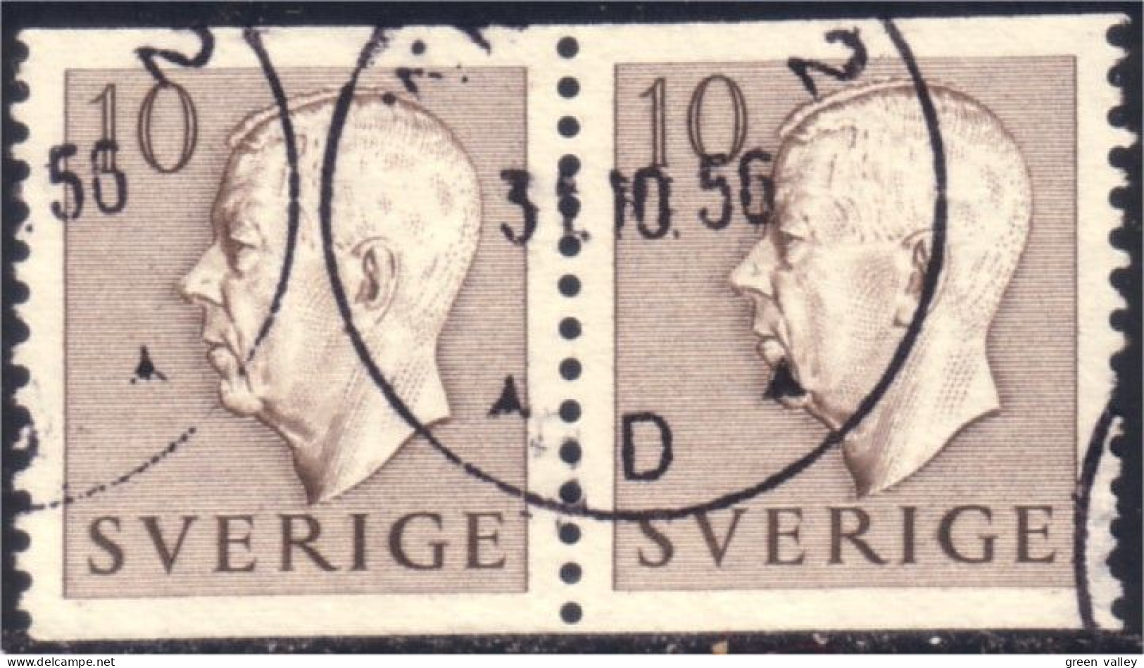 840 Sweden 1953 Gustav VI Adolph 10o Brun Brown Paire (SWE-360) - Gebruikt