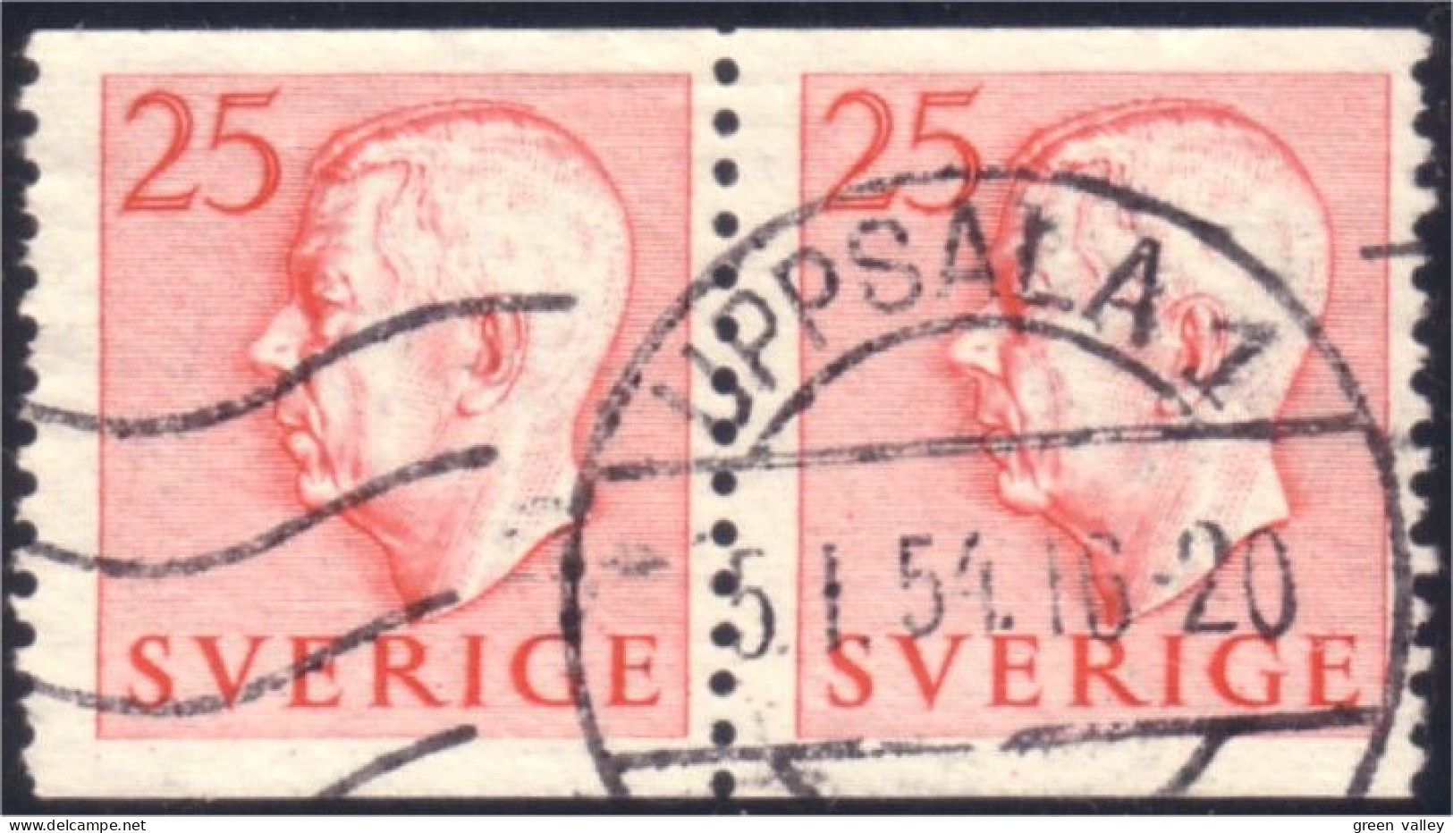 840 Sweden 1952 Gustav VI Adolph 25o Rose Paire (SWE-353) - Used Stamps