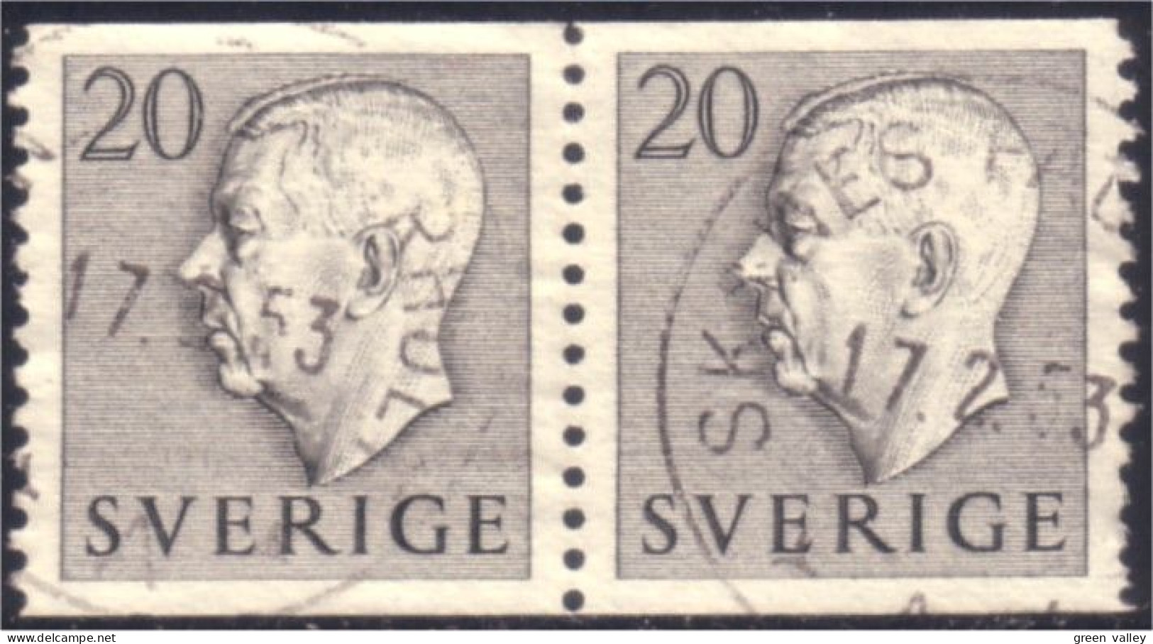 840 Sweden 1952 Gustav VI Adolph 20o Gris Grey Paire (SWE-344) - Usati