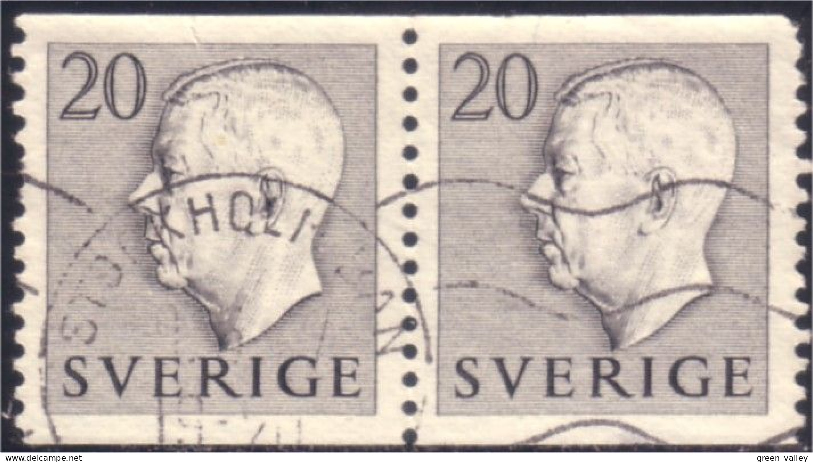 840 Sweden 1952 Gustav VI Adolph 20o Gris Grey Paire (SWE-347) - Gebruikt