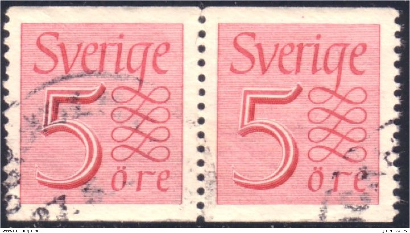 840 Sweden 1951 Numeral Chiffre 5o Rose Paire (SWE-334) - Usati