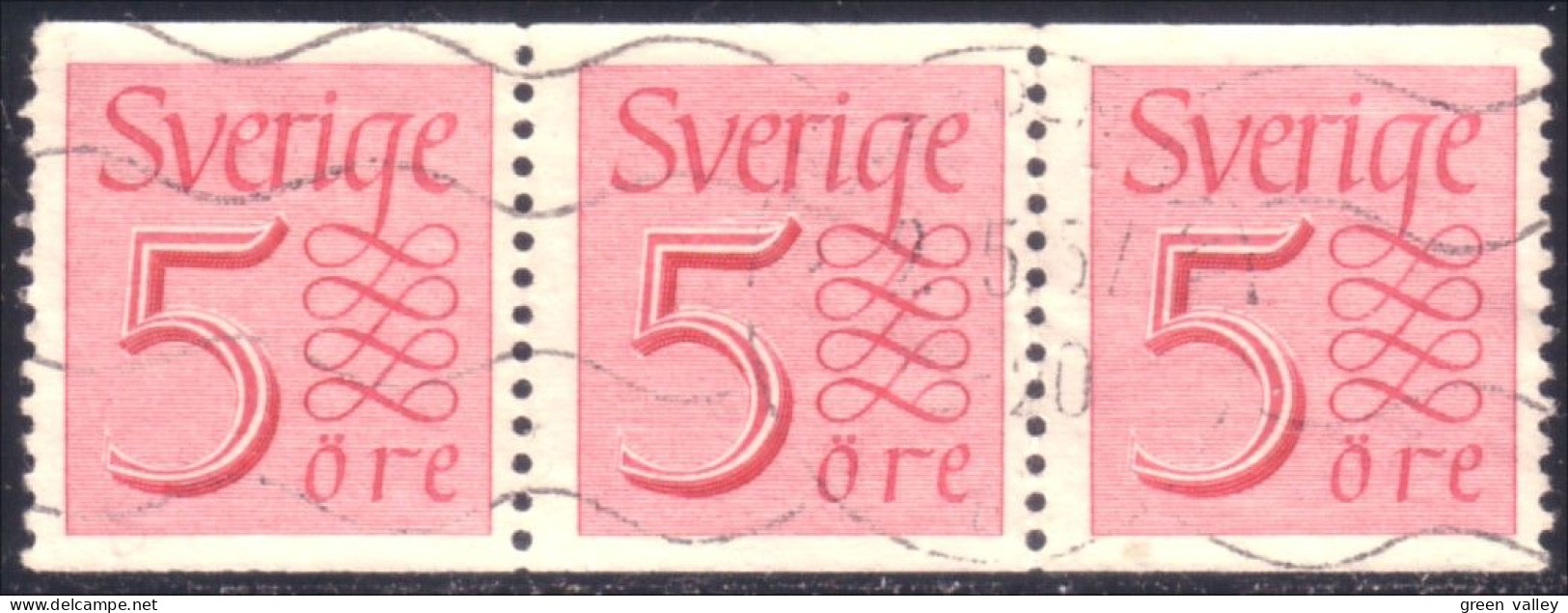 840 Sweden 1951 Numeral Chiffre 5o Rose Strip Bande 3 (SWE-335) - Gebraucht