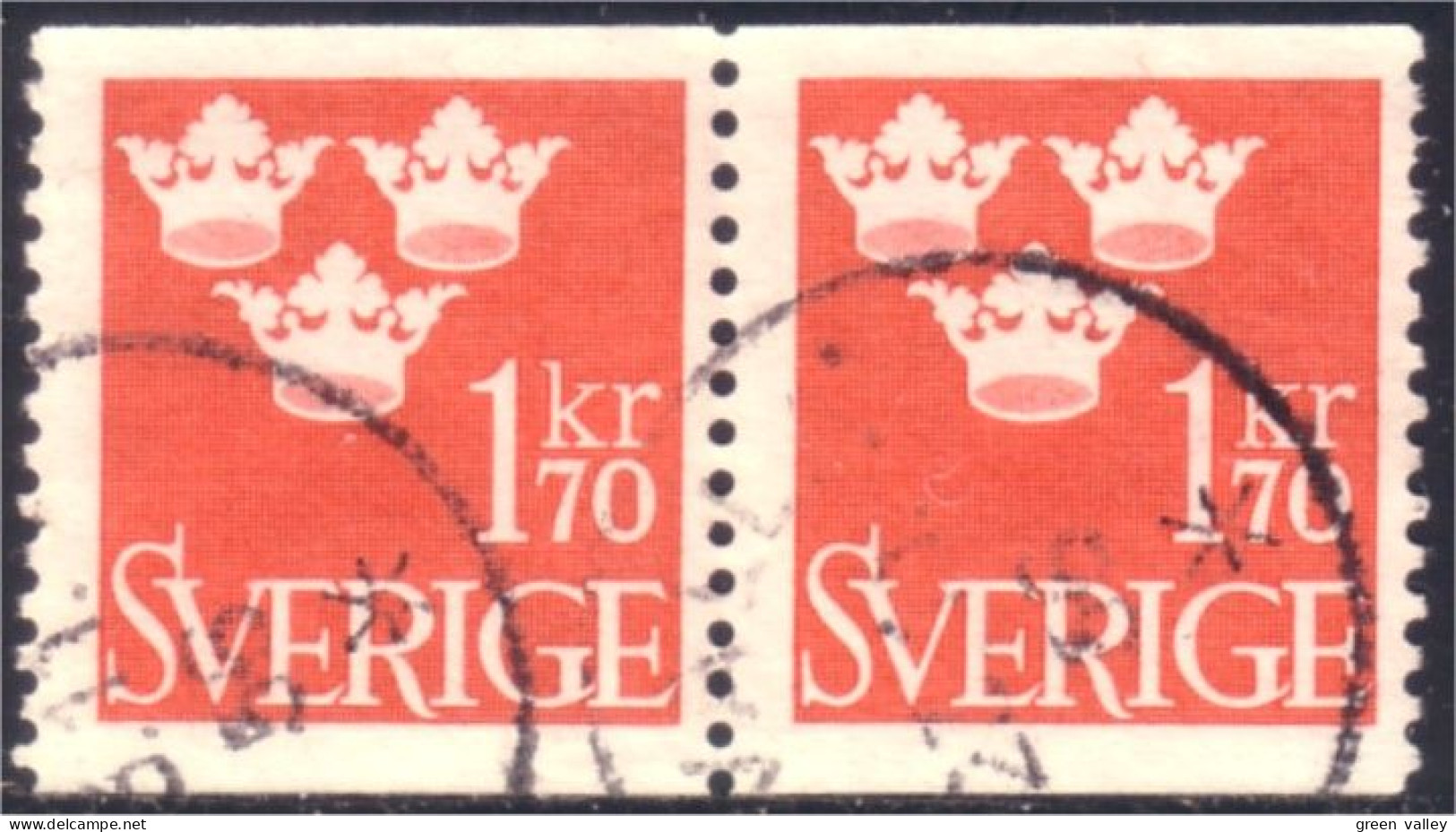 840 Sweden 1951 Trois Couronnes Three Crowns 1kr70 Red Rouge Paire (SWE-331) - Gebraucht