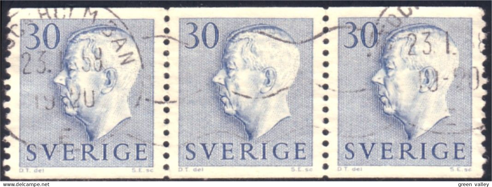 840 Sweden 1951 Gustav VI Adolph 30o Bleu Strip Bande 3 (SWE-324) - Usados