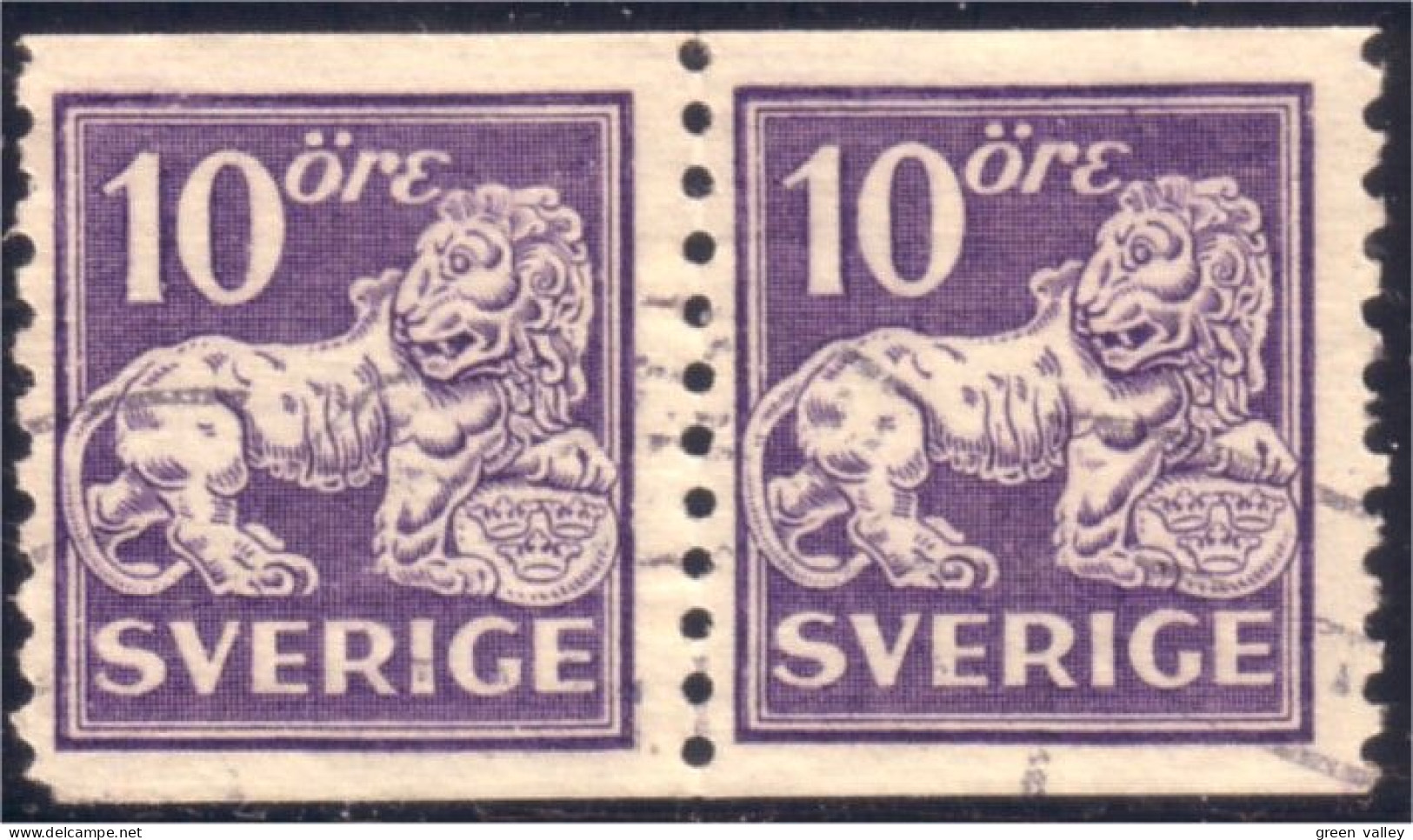 840 Sweden Lion Arms 10o Violet Paire Pair (SWE-114) - Used Stamps