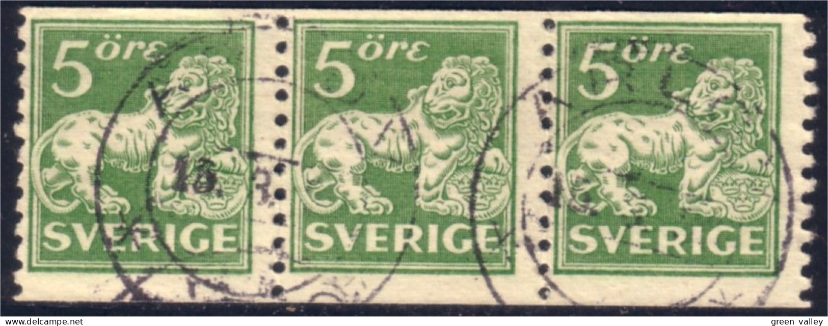 840 Sweden Lion Arms 5o Vert Green Bande De 3 Strip Of 3 (SWE-106) - Used Stamps