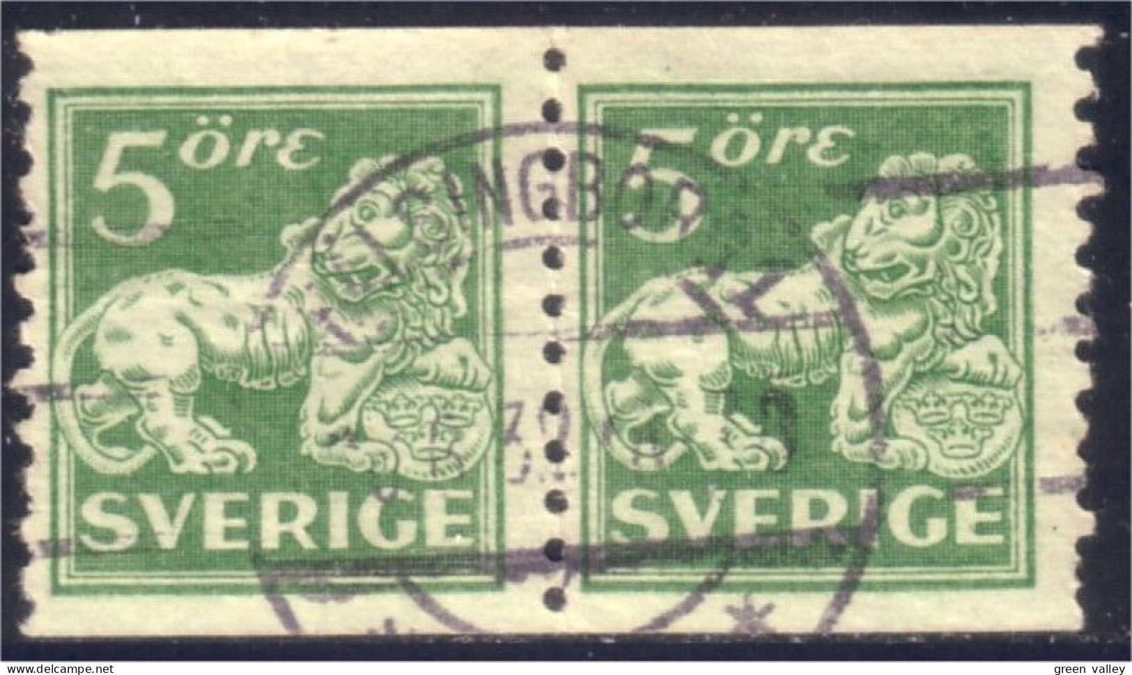 840 Sweden Lion Arms 5o Vert Green Paire Pair (SWE-104) - Used Stamps