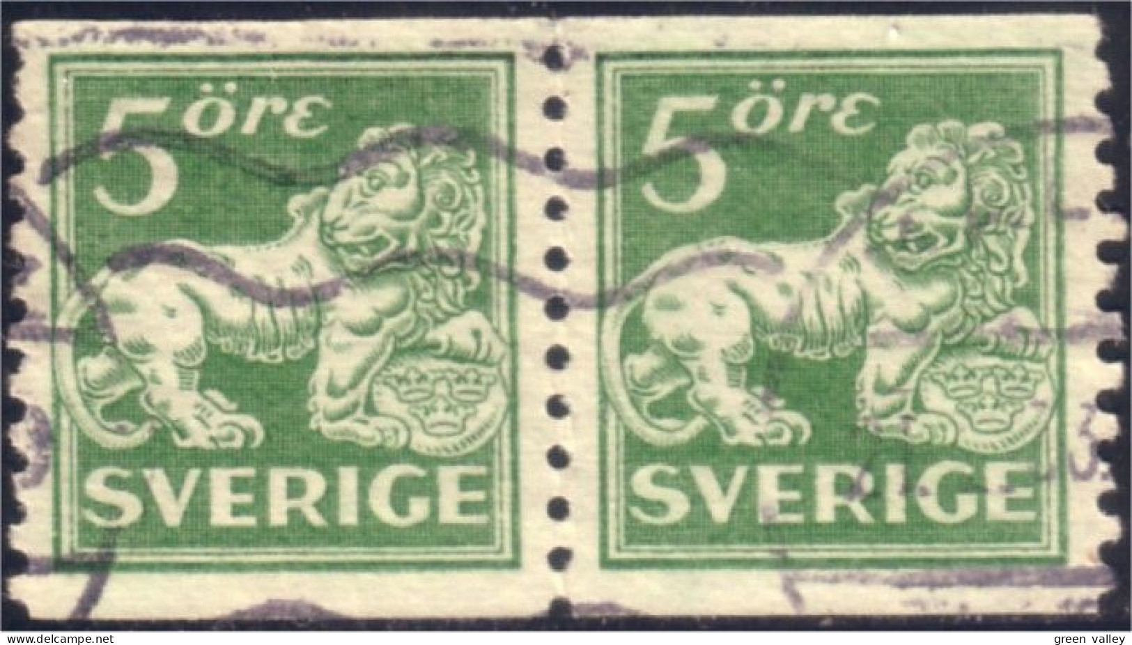 840 Sweden Lion Arms 5o Vert Green Paire Pair (SWE-103) - Used Stamps