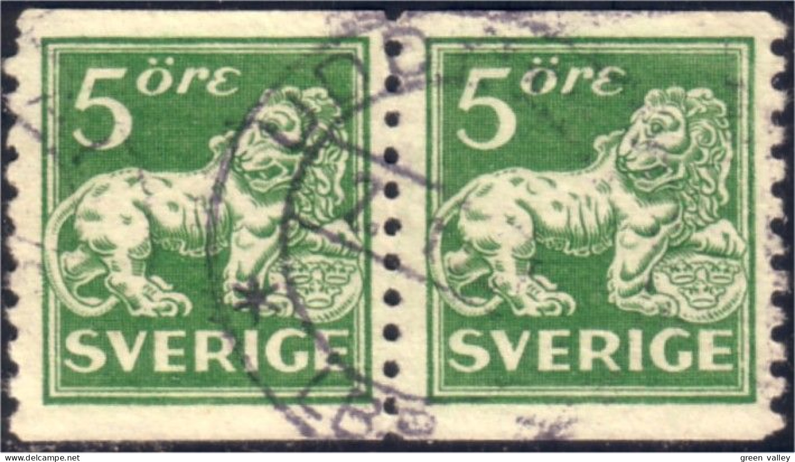 840 Sweden Lion Arms 5o Vert Green Paire Pair (SWE-100) - Used Stamps