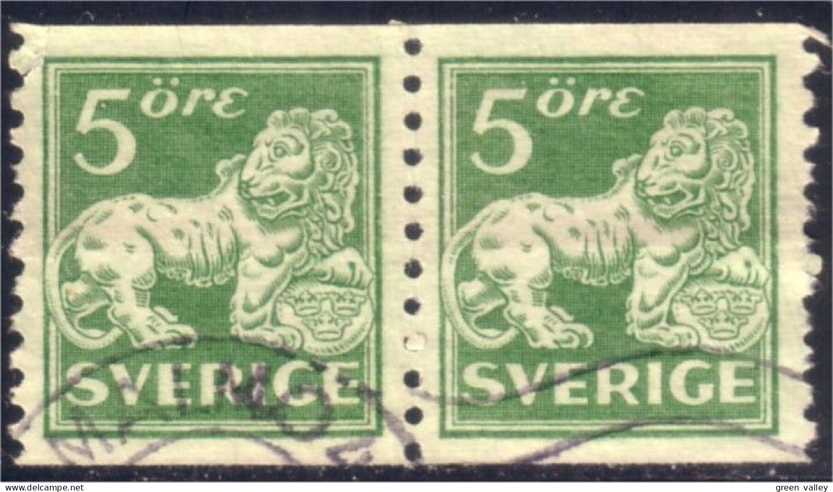 840 Sweden Lion Arms 5o Vert Green Paire Pair (SWE-101) - Used Stamps