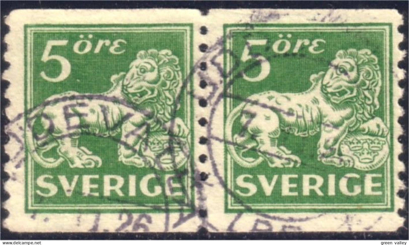 840 Sweden Lion Arms 5o Vert Green Paire Pair (SWE-99) - Used Stamps