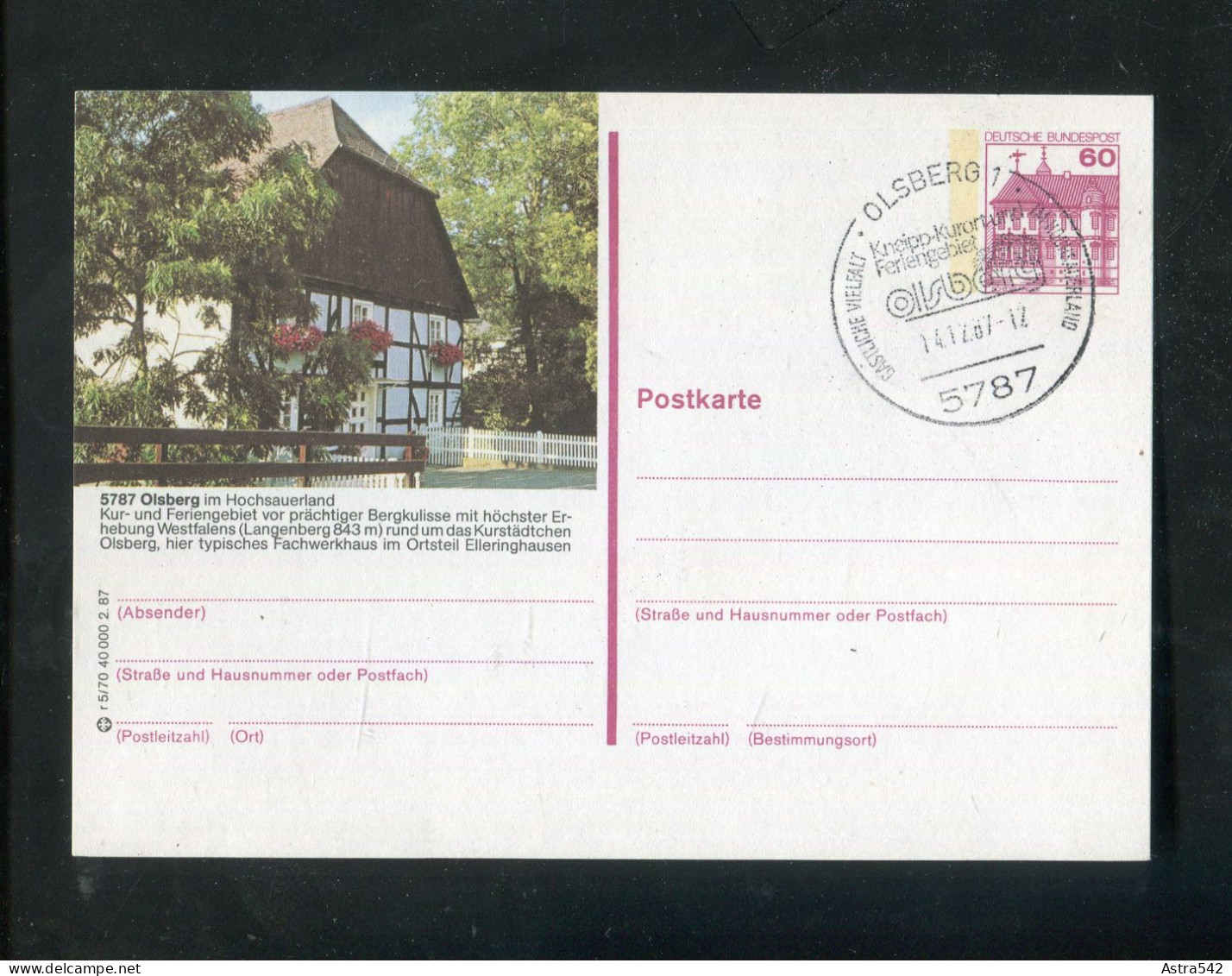 "BUNDESREPUBLIK DEUTSCHLAND" 1987, Bildpostkarte Mit Bildgleichem Stempel Ex "OLSBERG" (A0176) - Cartoline Illustrate - Usati