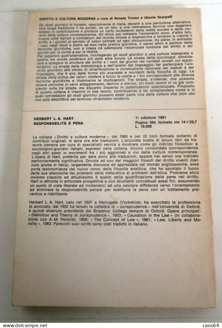 Responsabilità E Pena Herbert L. Hart 1981 Edizioni Di Comunità - Historia Biografía, Filosofía