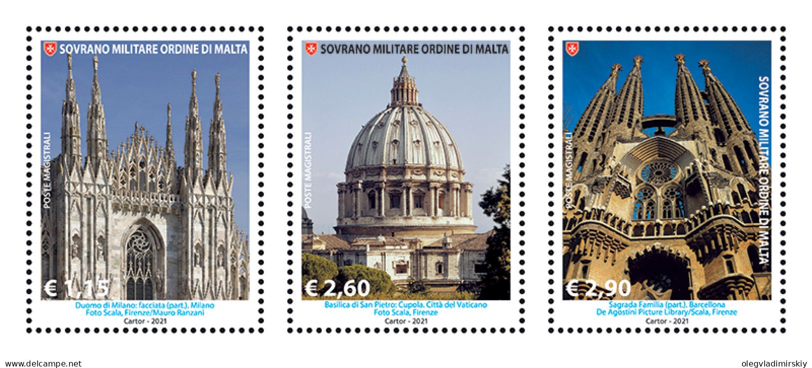 SMOM Order Of Malta 2021 Famous Cathedrals Milan Vatican Barcelona Set Of 3 Stamps MNH - Churches & Cathedrals